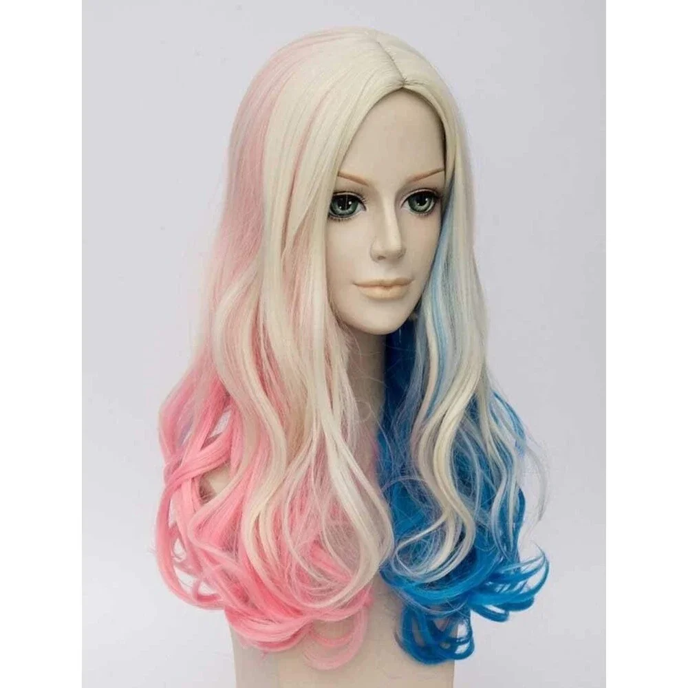 Harley Quinn Cosplay Wig Long Curly Blonde Blue Pink Middle Part Halloween Mix
